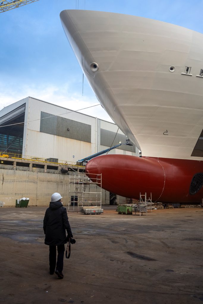 Luxury yacht photographer on site at Fincantieri Ancona shipyard during Four Seasons I superyacht construction